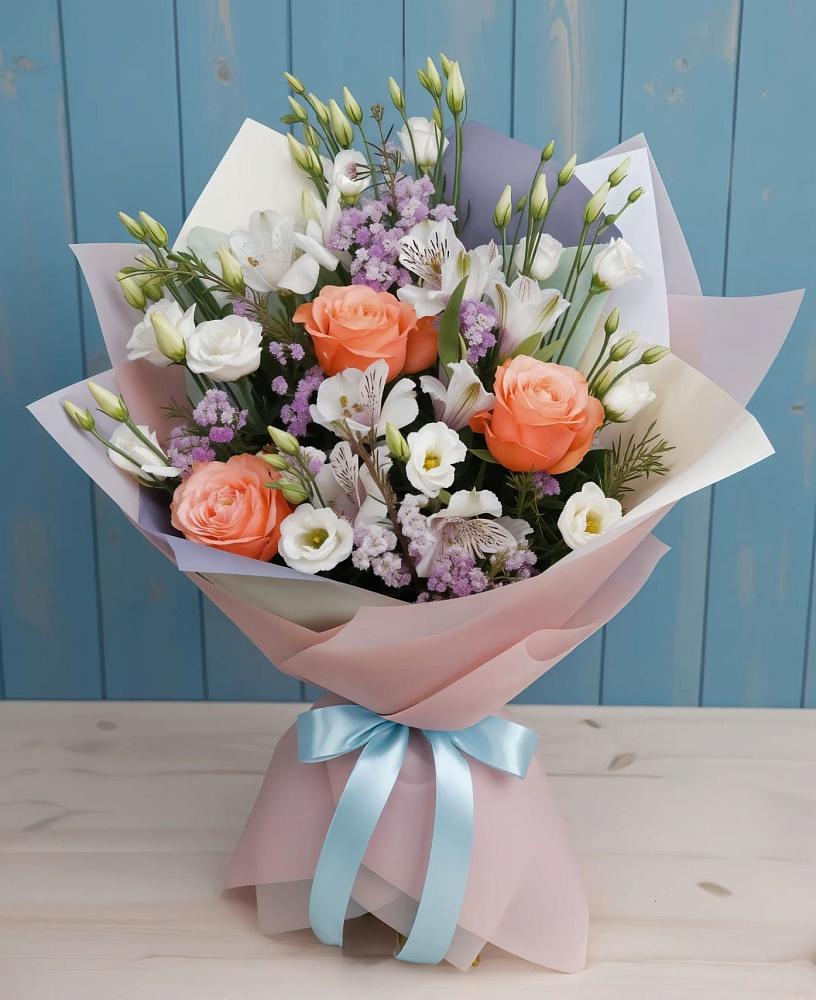 Букет цветов из: Лизиантусы, Розы, Альстромерии и Гипсофила в Михайловском Республика Северная Осетия - Алания