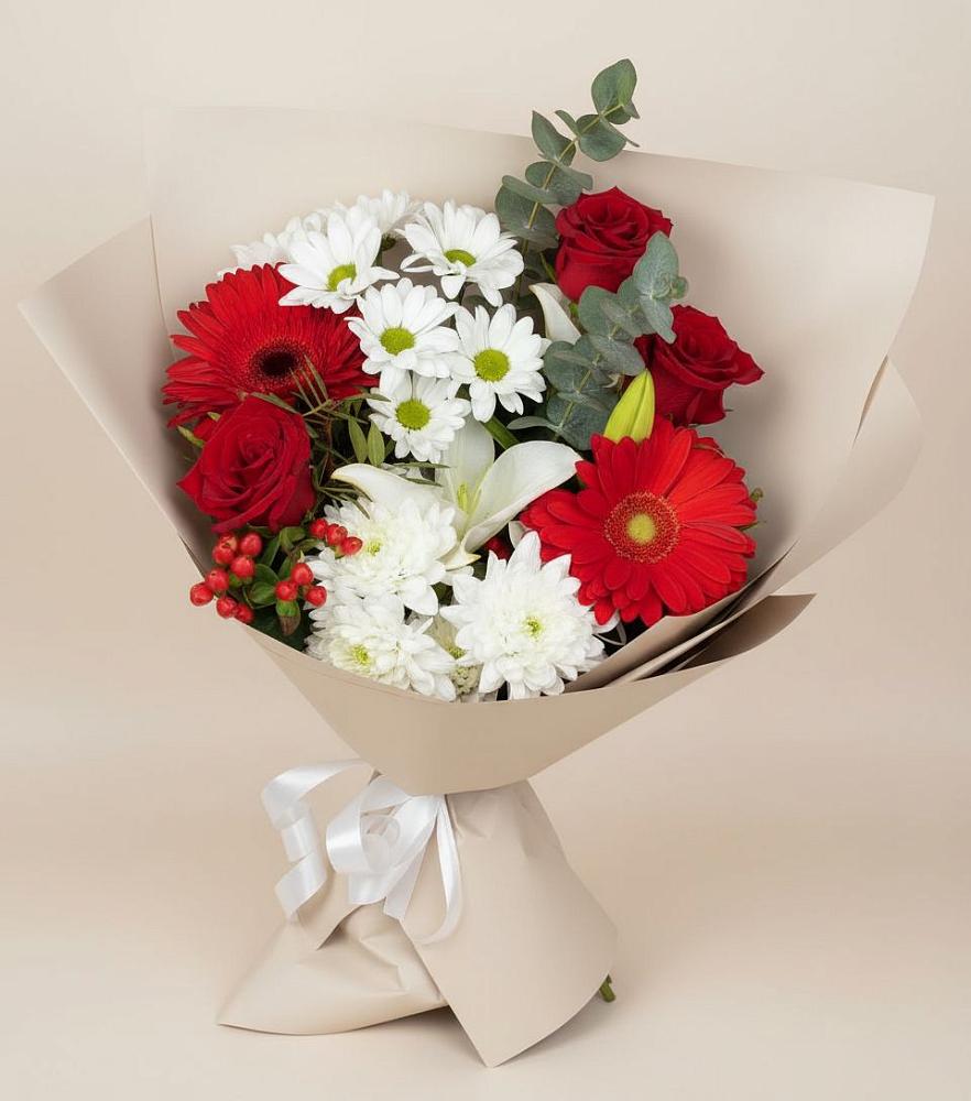 Букет цветов из: Розы, Хризантемы, Герберы и Лилии в Михайловском Республика Северная Осетия - Алания