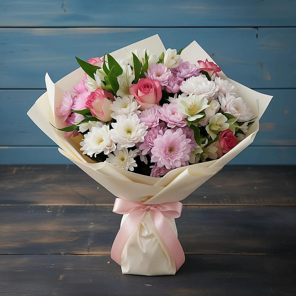 Букет цветов из: Хризантемы, Альстромерии и Розы в Михайловском Республика Северная Осетия - Алания